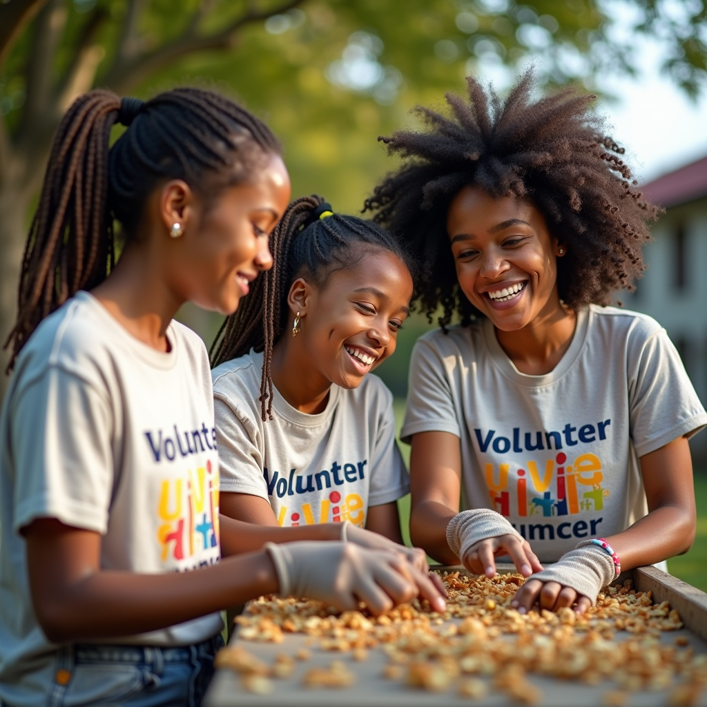 Enthusiastic volunteers of diverse ages and backgrounds working together on a community service project, wearing matching volunteer t-shirts, demonstrating teamwork and civic engagement through hands-on voluntarism